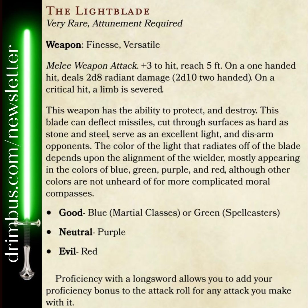 DrimbusPod's tweet photo. Live out your #StarWars dreams & attune to The #Lightblade. With the ability to protect & destroy it feels almost #OP😉 Let us know how your #game goes with this badass addition. Check out https://t.co/MkpGVohrY4 to #signup for more #TTRPG content for your #adventures! #dnd https://t.co/XUWGQ6LeTU