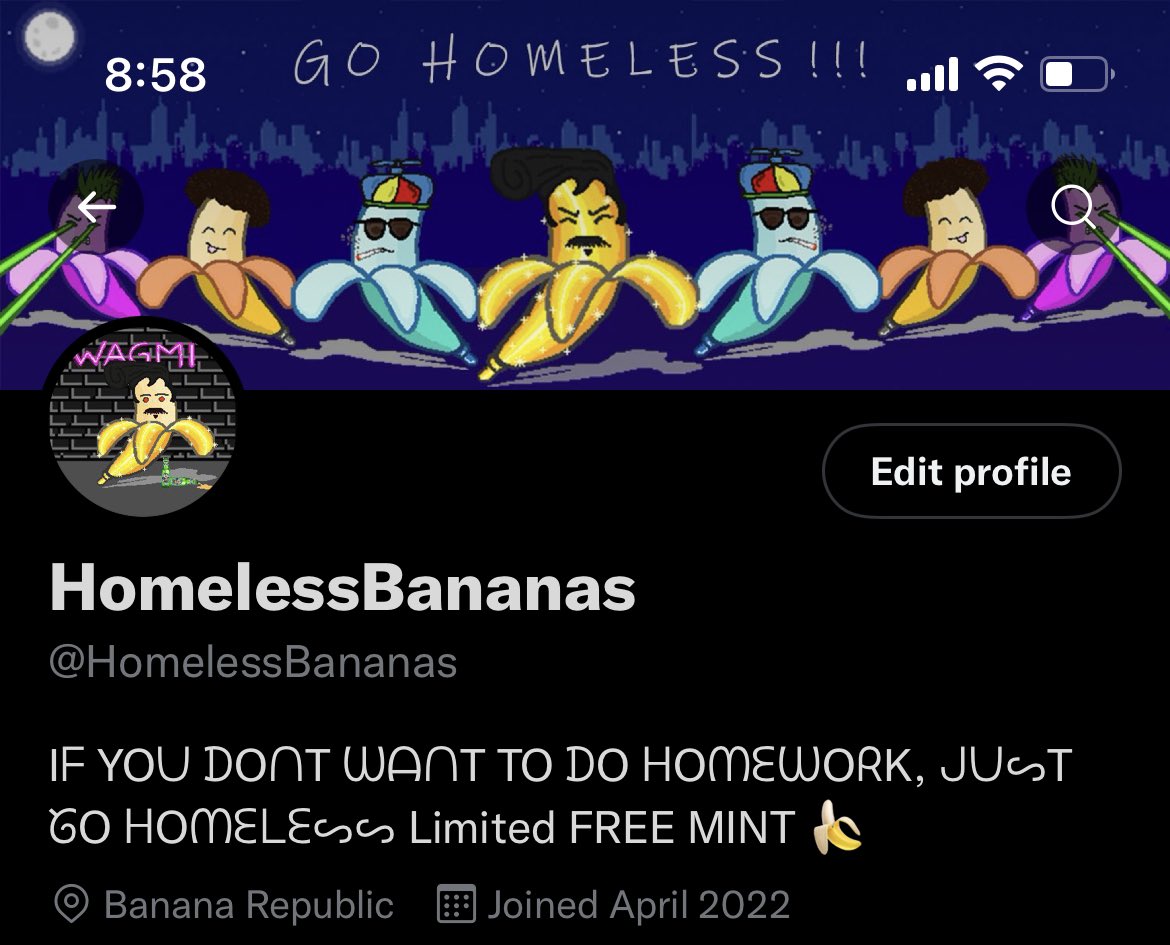 HomelessBananas's tweet photo. Requirements to be considered for a FREE AIRDROP! 

Check this out ⬇️
🍌 Follow us 
🍌 Like this tweet 
🍌 RT and tag your frenz 

#NFT #NFTGiveaway #Airdrops #FreeMint #freemintNFT #NFTCollection https://t.co/fmqtK2rg7R
