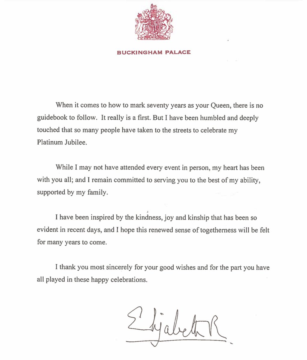 “I have been humbled and deeply touched that so many people have taken to the streets to celebrate my Platinum Jubilee.” As the #PlatinumJubilee weekend draws to a close, Her Majesty has sent a thank you message to all those who have marked her 70 years as Queen.