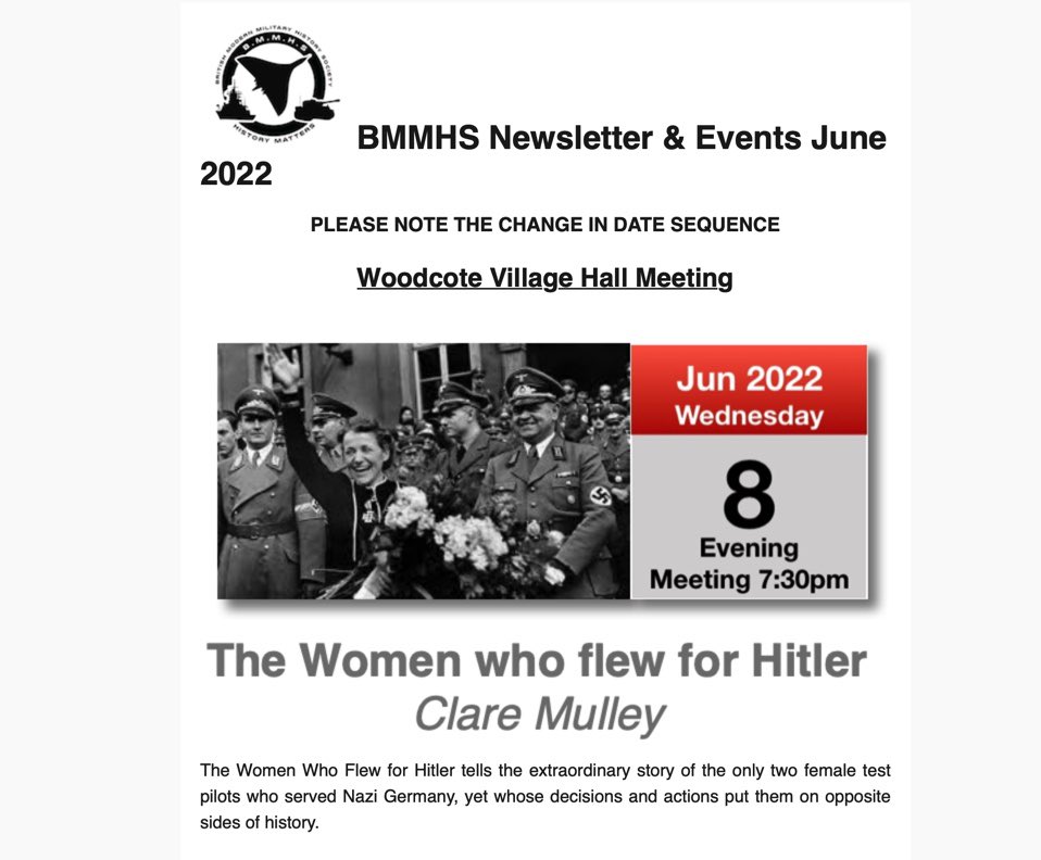 Next Wed… I’m delighted to be talking abt #WW2 #TestPilots #HannaReitsch & #MelittaVonStauffenberg for the British Modern Military History Society @bmmhs1… bmmhs.org