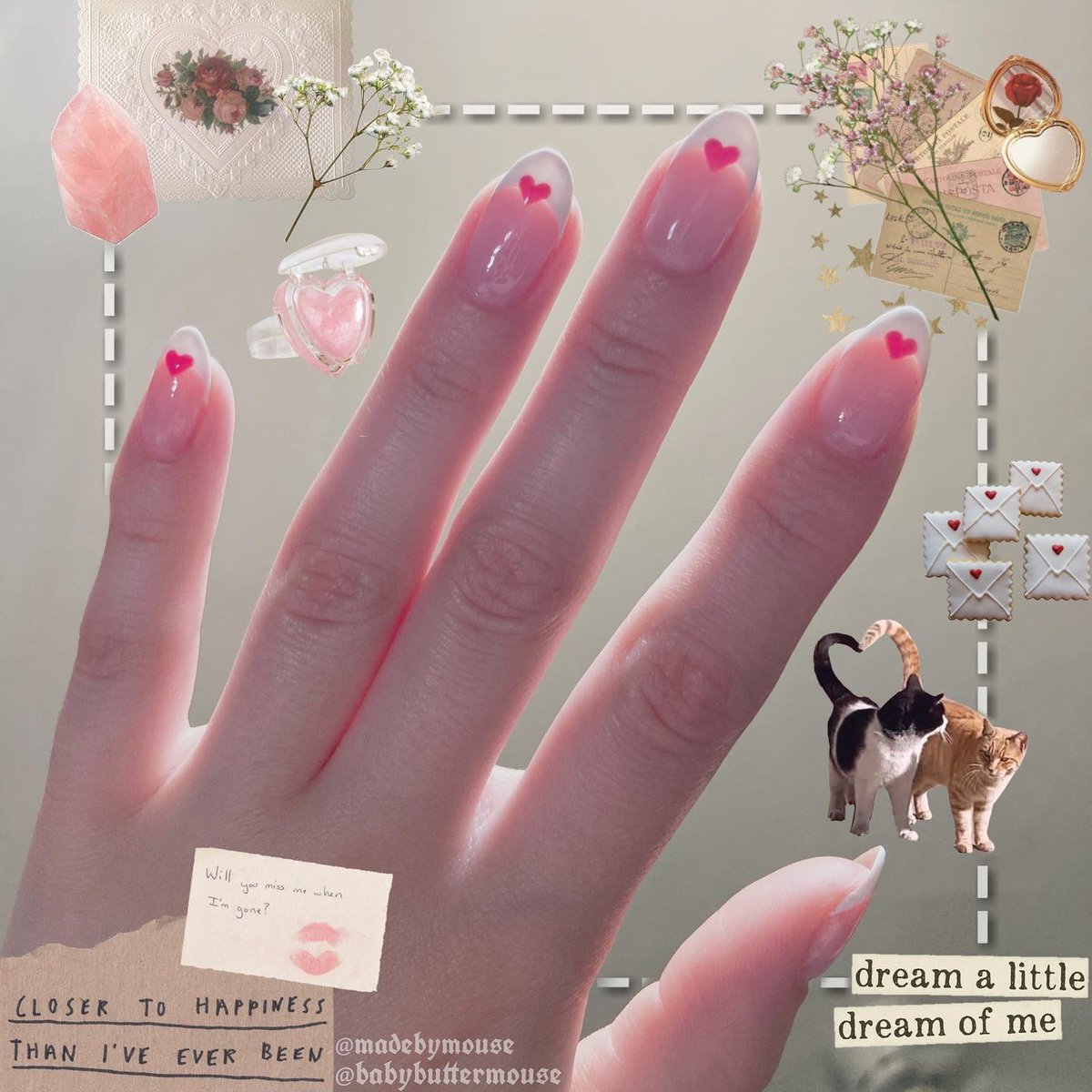 Babybuttermouse's tweet photo. ✿ anniversary nails <3 ✼:♡*ﾟ✿ 
˶ˆ꒳ˆ˶ cute lil love letters ˶ˆ꒳ˆ˶
first attempt at free hand french tips! https://t.co/a6Ccm5hfPV