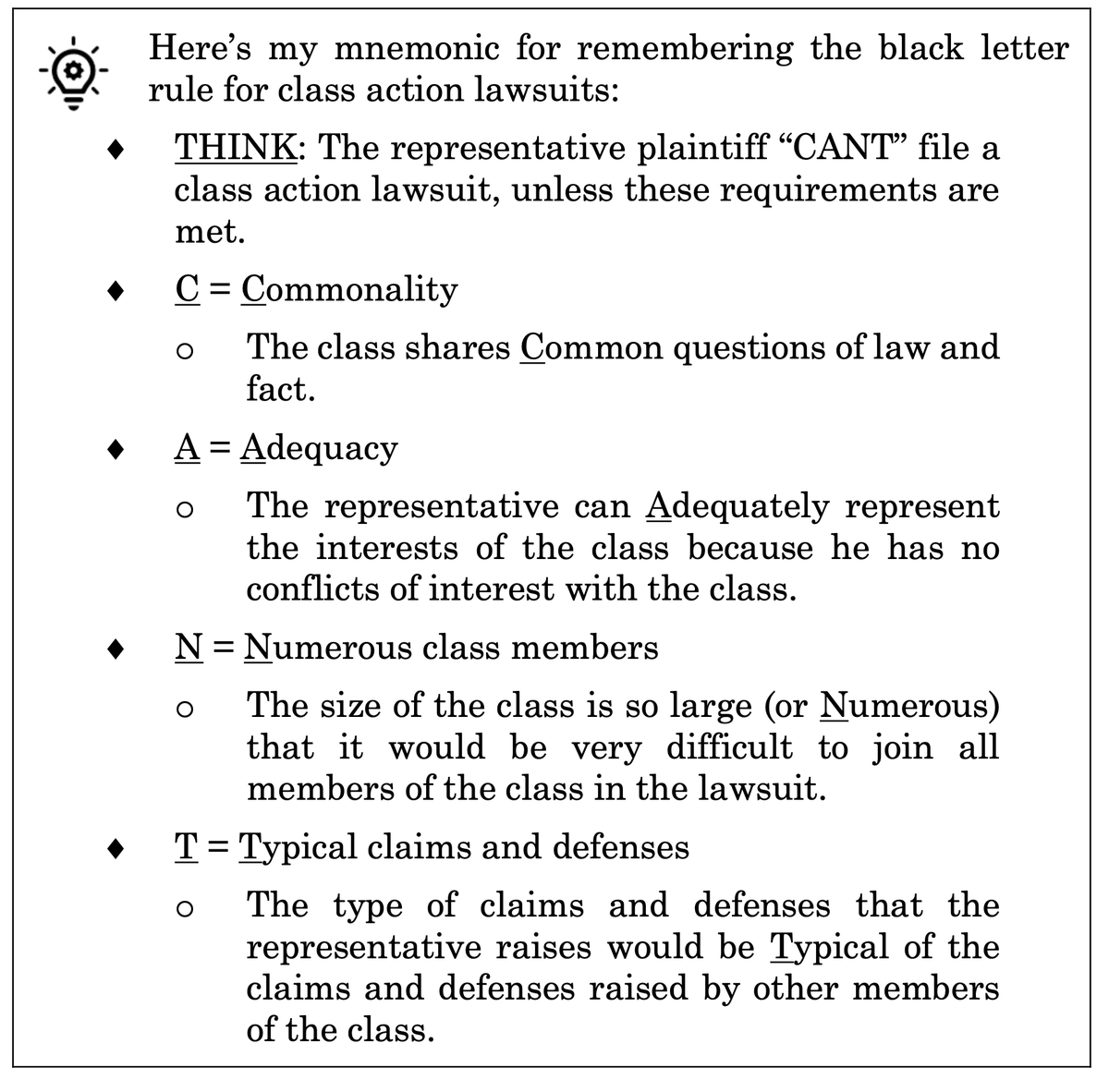 ojsalinas's tweet photo. Hey, #barexam takers? "CANT" remember the rule for class action lawsuits? Here's my tip! Good luck with the prep! https://t.co/VKpYBRv9Li