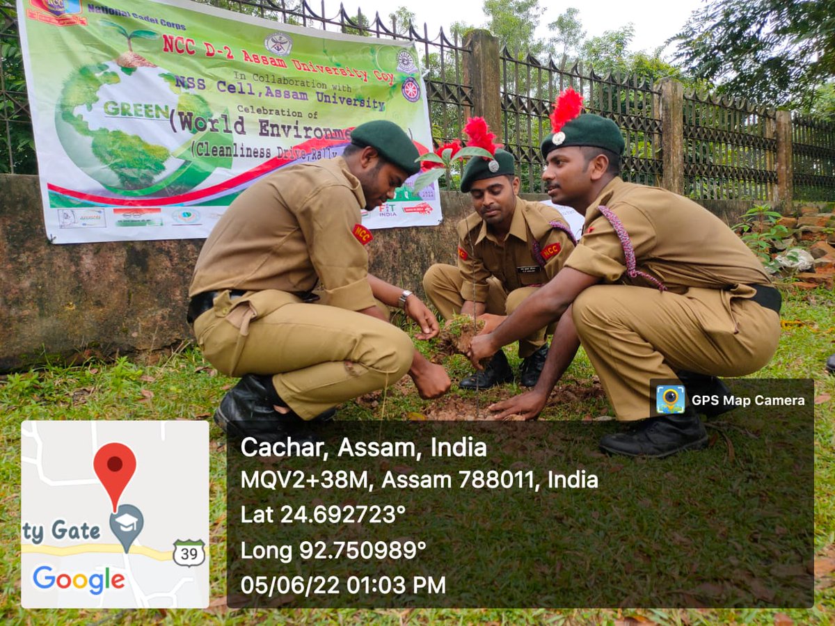 nccner's tweet photo. On World Environment Day 2022, 25 Cadets from Assam University, Silchar under 3 Assam Bn NCC, Gp HQ Silchar conducted an awareness rally followed by planting of saplings in surrounding areas.@HQ_DG_NCC @proshillong @drajaykumar_ias @SpokespersonMoD https://t.co/rAhKgyidG9