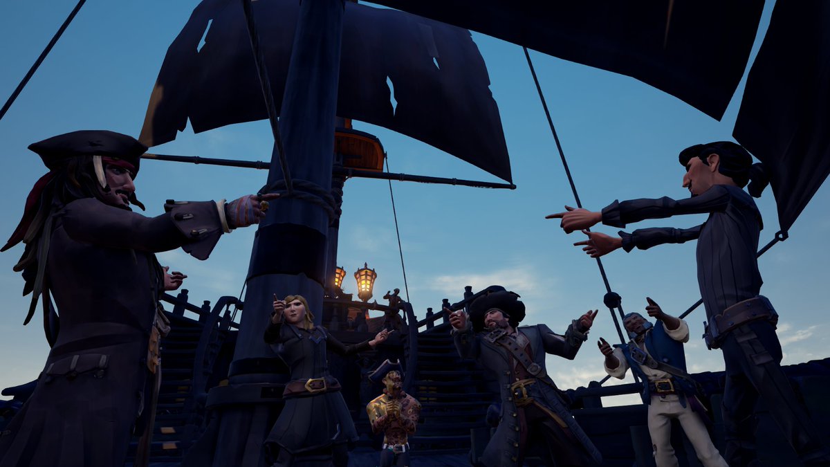 FanghornCZ's tweet photo. Most iconic characters from #PiratesoftheCaribbean at gunpoint... Fortunately, they had wet gunpowder, so no one was injured during the photo shoot.
#SoTShot @SeaOfThieves https://t.co/ipswQGSaoz
