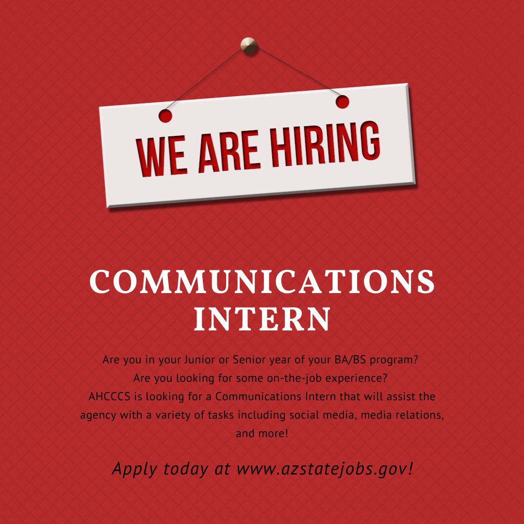 AHCCCSgov's tweet photo. Are you a junior or senior BA/BS degree seeking student and looking for experience in government communications? Check out our Communications Intern position today! #Internship https://t.co/xwPO1HJ17N https://t.co/DScjYS16Wa