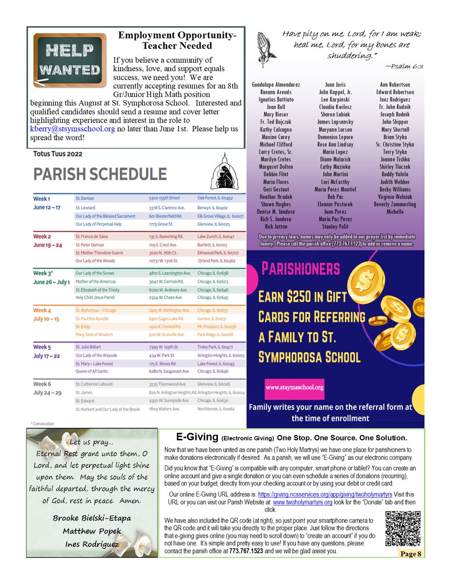 twoholymartyrs's tweet photo. Family fest news, our 8th grade graduates, Faith formation, help wanted at the fest and more in this weeks bulletin. Take a look and join us! (part 3) #twoholymartyrsparish #churchbulletin https://t.co/StJL0UXrUu