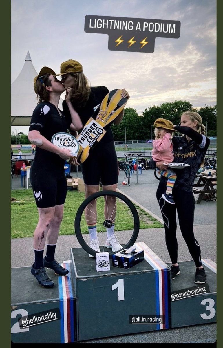 ThorDeplorable's tweet photo. Two biological male kissing each other as they celebrate stealing 1st & 2rd place in a womens race. The real woman takes care of her child as she stands on the 3rd place she has been relegated due to cheating. https://t.co/xGnZwh2tbZ