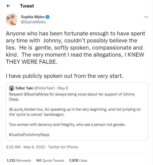 KatKatButterfly's tweet photo. @SophiaMyles is an actress who co-starred in the film 'From Hell' with Johnny Depp. Upon hearing the #falseallegations, she began advocating for JD & connected with those that also sought #J4JD in the kindest manner; engaging in conversations online & through @TwitterSpaces. https://t.co/mmT7pND93p