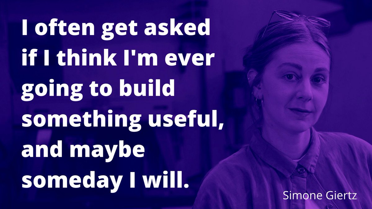 Simone Giertz: 'I often get asked if I think I'm ever going to build something useful, and maybe someday I will.' I love this attitude. And I'd like, somedays, to replace 'useful' with beautiful, important, insightful, etc. #simonegiertz #wordsthatinspire @SimoneGiertz