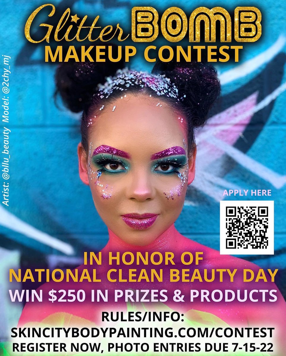 RobinSlonina's tweet image. It’s a #makeup #contest!! Featuring @GlitterBomb_LV #biodegradable #glitter! Get info here:
skincitybodypainting.com/contest