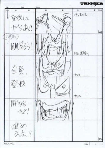 橘さんと雑談配信、本当にありがとうございました!普段のたちとら配信のよう、アニメや映画の話が多かったのです。途中私が話した絵コンテの「キルラキル」のことはこういうのを言いたかったのです。線は雑であってもシーンの流れ、勢い、寧ろ少ない線で情報をちゃんと伝える、凄い!上手い!憧れる! 