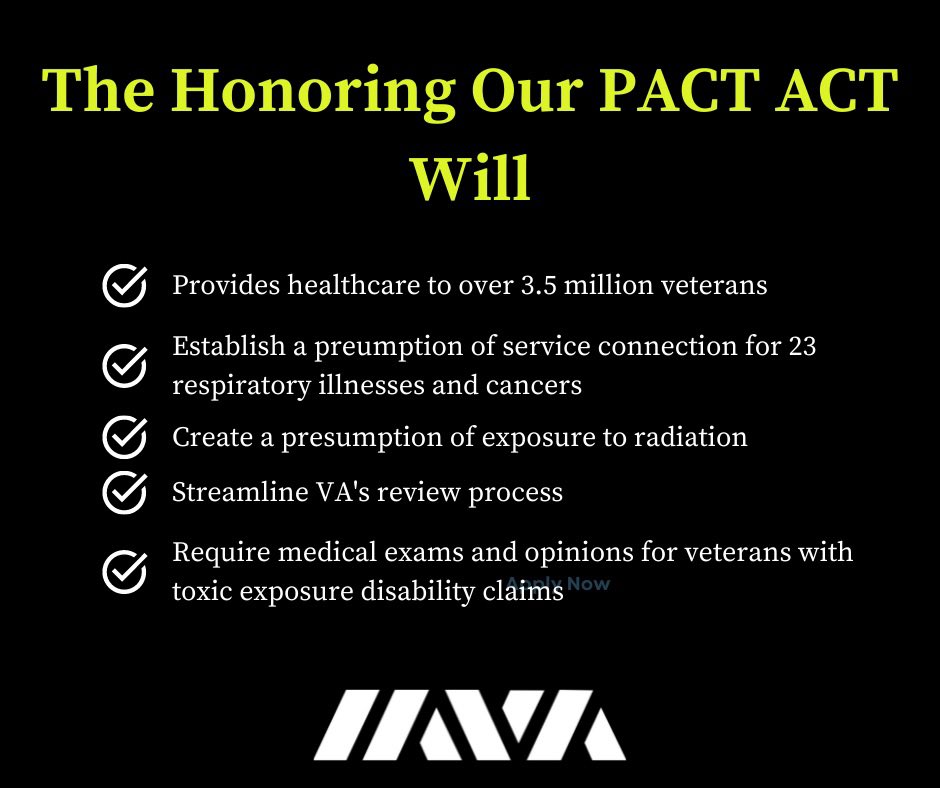 The Honoring Our PACT Act will grant full VA disability &amp; healthcare benefits for veterans who suffer from illnesses due to toxic exposure. It has already passed the House. Tell your Senator to support the Honoring Our PACT Act TODAY.  bit.ly/2ViMJcp