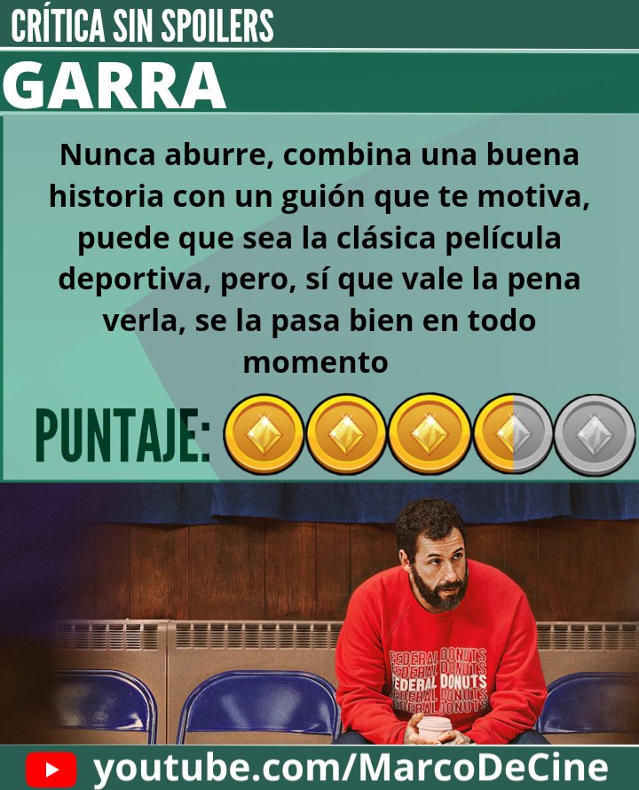 MarcoDeCine's tweet photo. Crítica sin spoilers de GARRA | @NetflixLAT 😎 

¿Qué puntaje le pondrías tú? 😀 ¡Anímate a escribirlo en los comentarios! 👍🏻

#MarcoDeCine #Estrenos #Garra #Netflix https://t.co/C9kIiozwuG