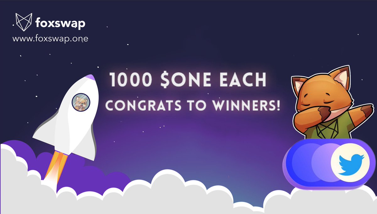 Congrats to winners 🏆 of our contest!

• <a href="/Ultraaainstinct/">Prince of Liquidations</a> 
• <a href="/sope56810409/">soapé ⬢💙⭕🟣 (🤝, 🤝)</a>
• <a href="/gyzmo88/">GyZ</a> 

This was FUN! We thank everyone who participated. It was immense pleasure reading so many positive words why you love 💙 FoxSwap 🦊 

Winners, slide into DM’s with your $ONE wallet address