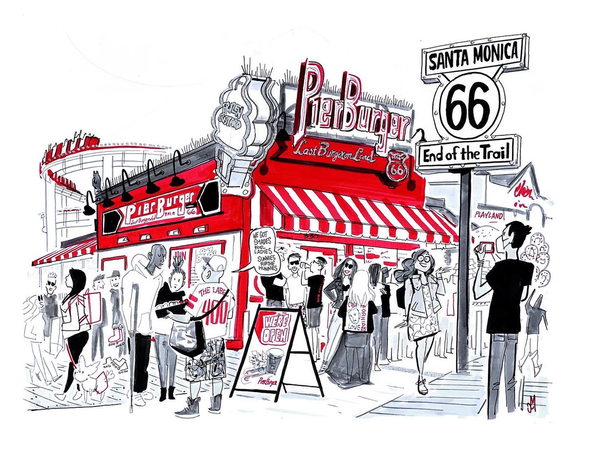 Repost: On Santa Monica Pier, the marker for the end of Route 66 — officially recognized and dedicated in 2009, 83rd anniversary of #route66 . When getting that photo op, you can also grab a Pier Burger, the “Last Burger on Land” #route66sketches #santamonicapier #pierburger