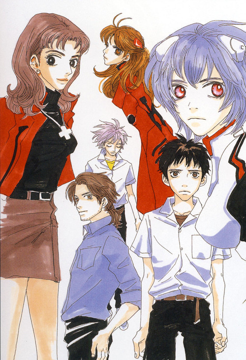 TheOtaking's tweet image. Characters from "Neon Genesis Evangelion" drawn by Moyoco Anno (Happy Mania, Sugar Sugar Rune,...) who is also Hideaki Anno's wife.