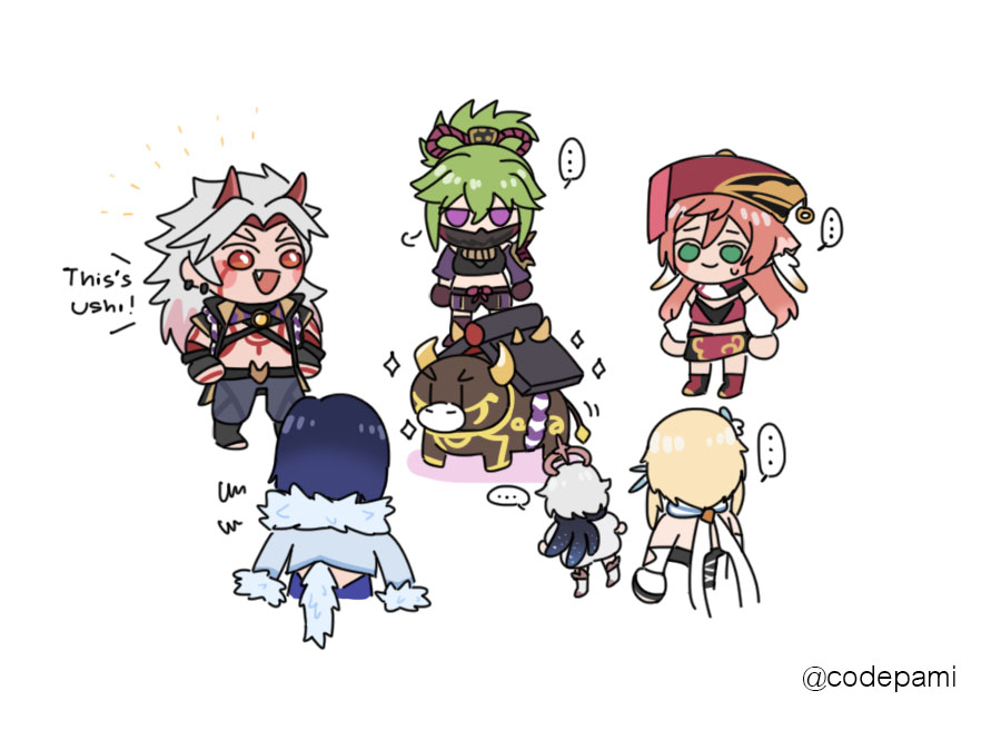 arataki itto ,kuki shinobu ,yanfei (genshin impact) ,yelan (genshin impact) multiple girls horns ... blonde hair pink hair chibi white hair  illustration images