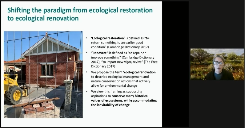 'Ecological renovation' might be a better term than 'ecological restoration' to use since the environments are globally and inevitably changing...
<a href="/SuzanneProber/">Suzanne Prober</a> at #IBSVancouver2022