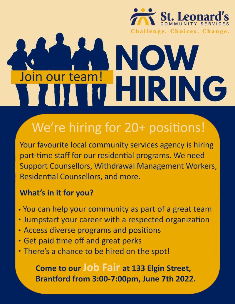 What are you doing on Tuesday? Come to our job fair at 133 Elgin Street in Brantford from 3:00-7:00pm and you could land a job offer on the spot, working for us at St. Leonard’s Community Services. Here’s all the details: st-leonards.com/announcement/s…