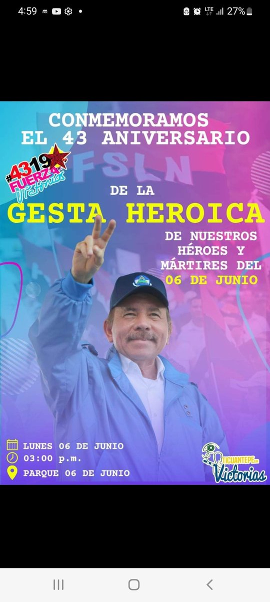 #4319FuerzaDeVictorias 
#Ticuantepe 
Tod@s a Conmemorar el 43 aniversario de nuestro glorioso 06 de junio. 

¡Por nuestros héroes y mártires juramos defender las victorias! ✌