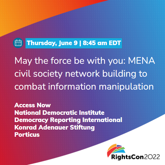 NDItech's tweet photo. TOMORROW! Join us to build a network to #CounterDisinfo and build #InfoTegrity in MENA @rightscon #RightsCon2022 with our friends @accessnow @KassemMnejja @porticusglobal @DemocracyR @WafHeikal @ndimena @KASonline @ipolitico @magsmitchell @allani_oussama https://t.co/pZeTuu9QCI https://t.co/U12I5tcl4g
