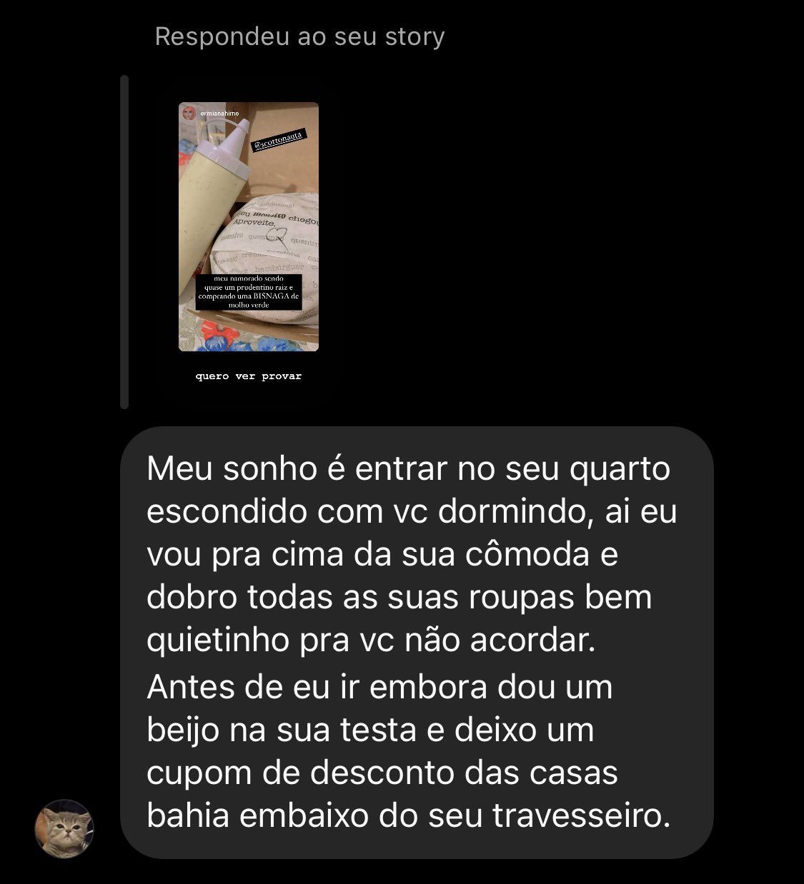 Meu sonho é entrar no seu quarto escondido com vc dormindo, ai eu vou pra  cima da sua comoda e dobro todas suas roupas bem quietinho pra vc não  acordar. Antes de