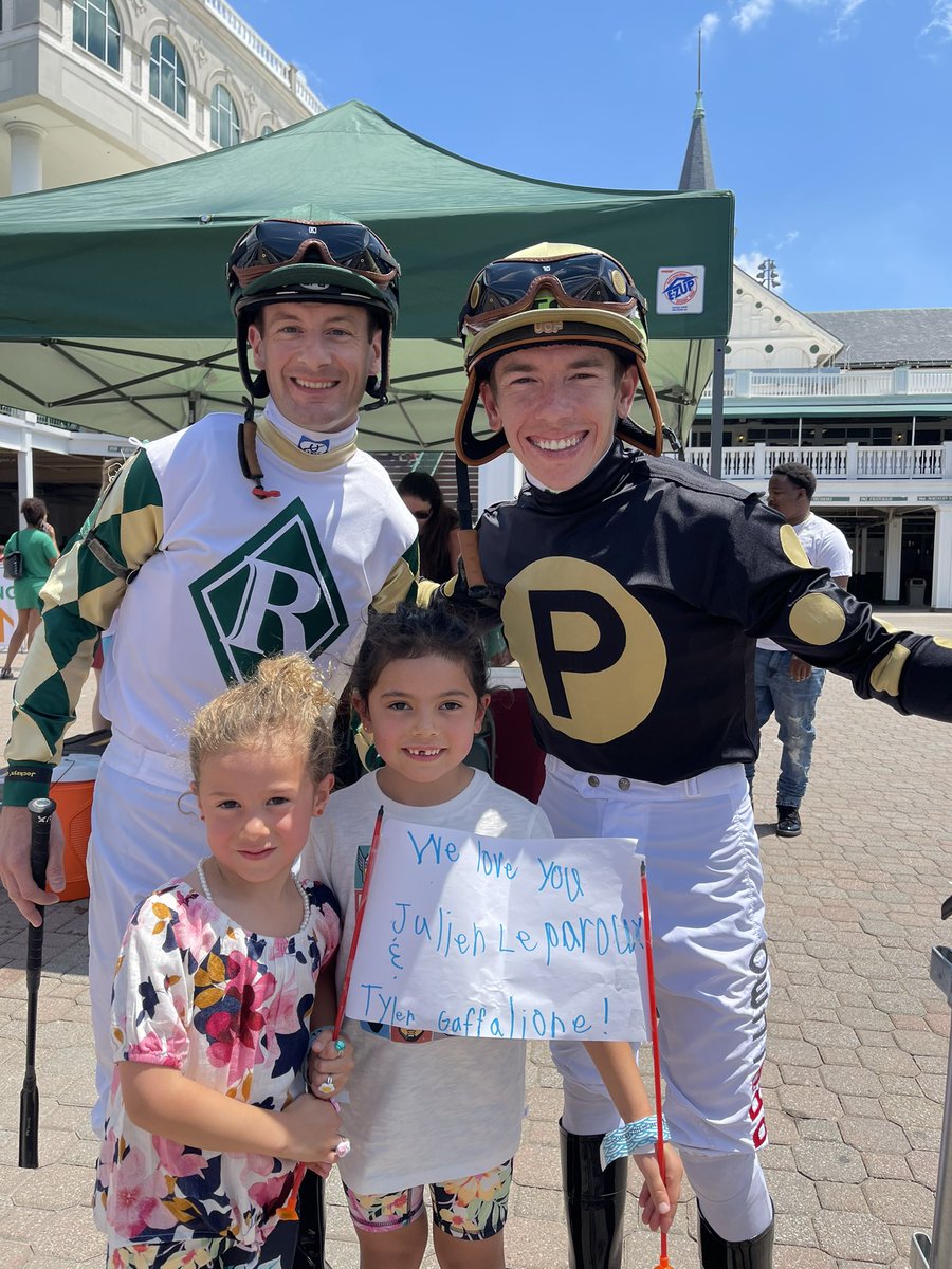Thank you <a href="/JulienLeparoux/">Julien Leparoux</a> and <a href="/Tyler_Gaff/">Tyler Gaffalione</a> for an amazing day at <a href="/ChurchillDowns/">Churchill Downs</a>!! Congrats on the Win-Place finish right after this picture!!!!