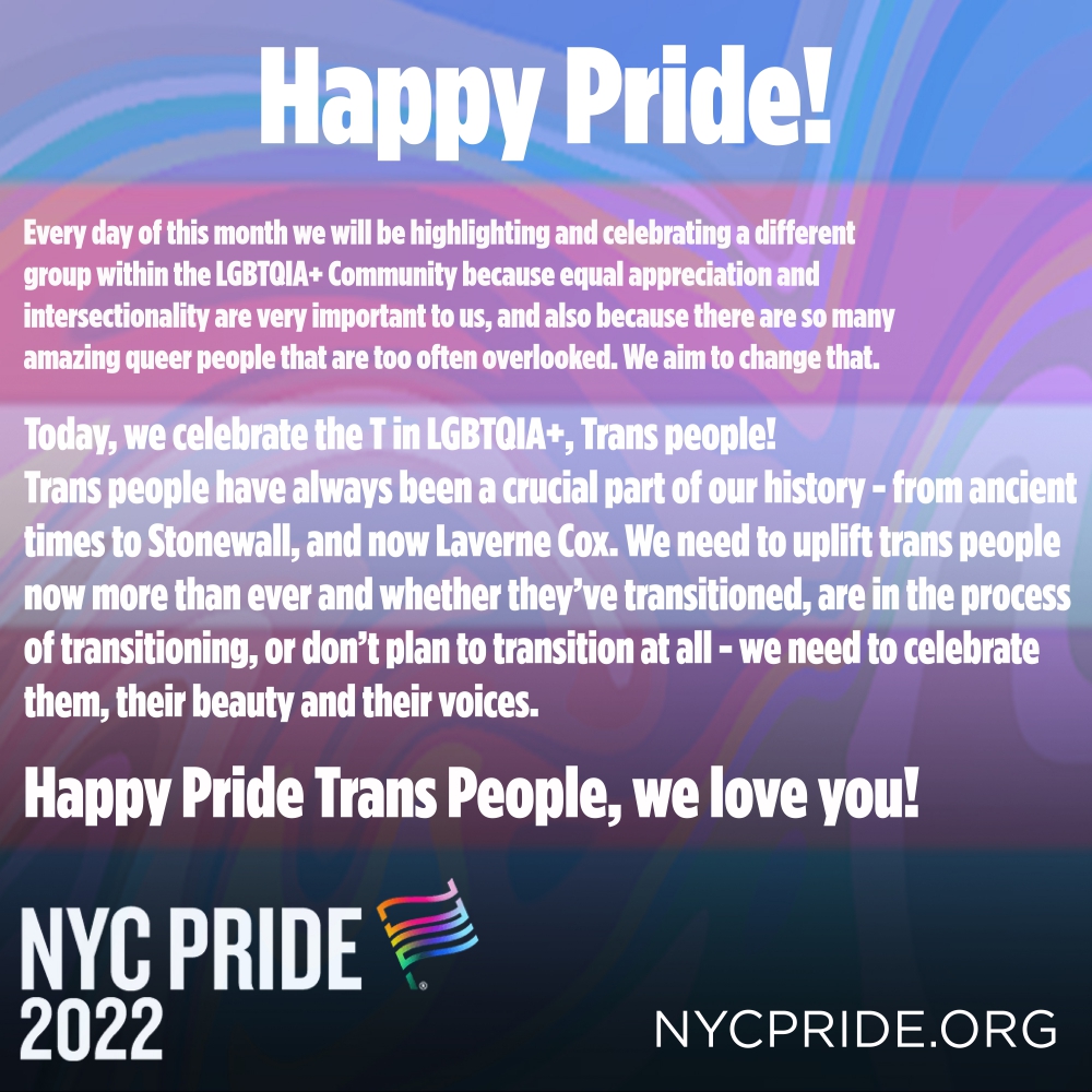 NYCPride's tweet photo. Happy Pride Trans People, we love you! 💙💗🤍 https://t.co/m211lUNHLn