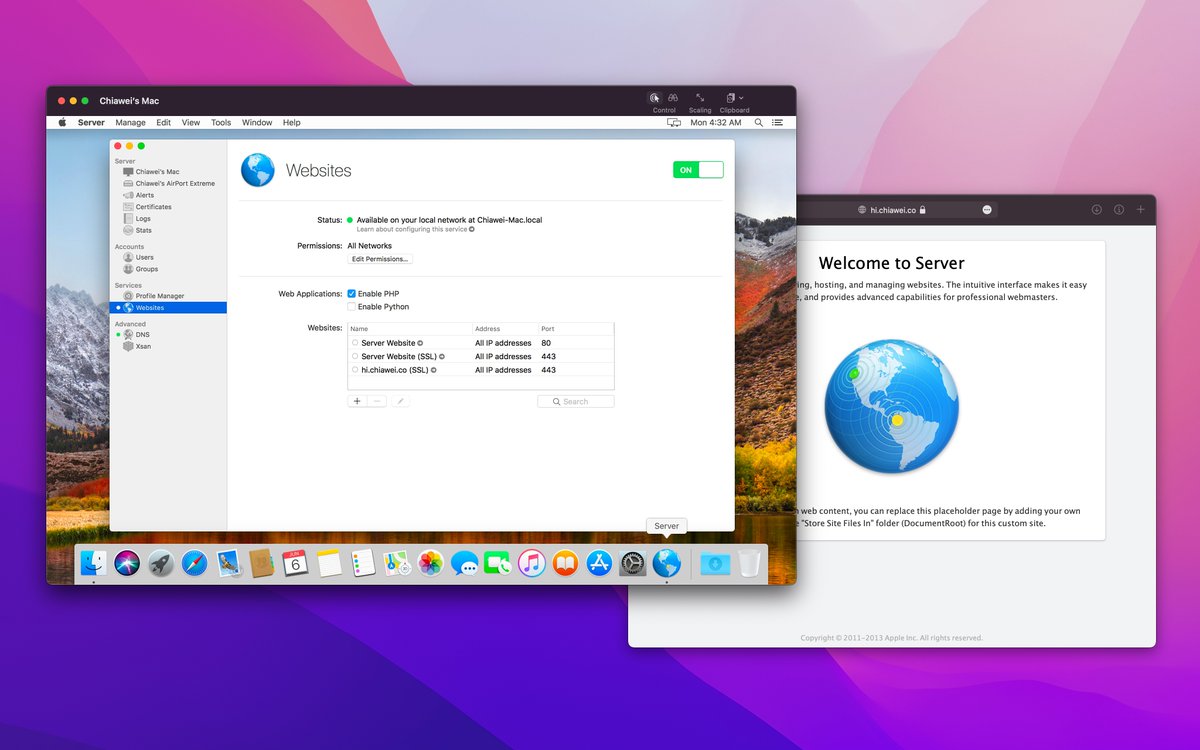 is_chiawei's tweet image. For those who prefer the #macOSServer app (5.6): try to deploy a High Sierra in @VMwareFusion to use the Web Server, with the stunning GUI which is the best one I've ever seen. And you can access the site from outside the VM by IP or by the domain configured through DNS.