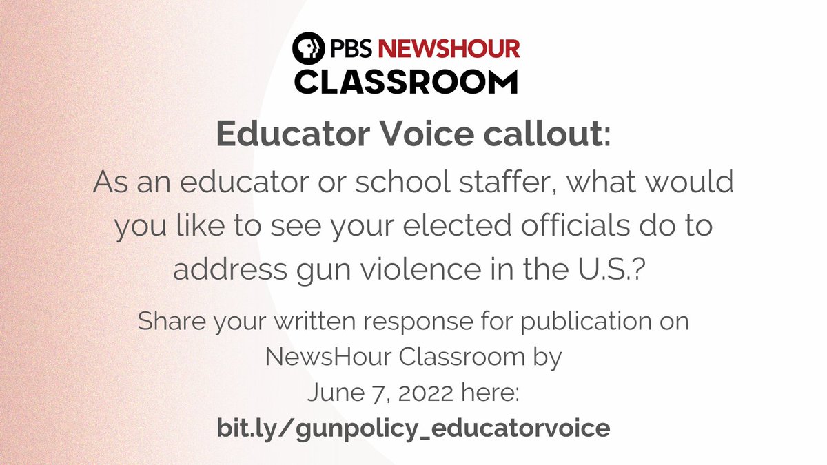 Educators inc school staff!!

Let your elected officials know what YOU want them to do to about gun violence.

Submit your post to PBS <a href="/NewsHour/">PBS News</a> Classroom's Educator Voice by June 7: bit.ly/gunpolicy_educ…

#teachertwitter #apgov #apush #ELAchat #ngsschat