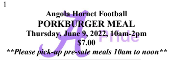 AngolaFootball's tweet photo. Angola FB Annual Porkburger Meal sale in 4 days! THURSDAY, June 9 from 10am to 2pm at Life Changing Church Parking Lot. Contact coaches or players for information. Pre-sale orders still available. Thank you.  #APride https://t.co/CwwtZESkSO