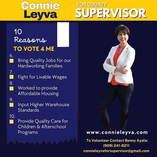 10 top reasons to vote for Connie Leyva.

Connie Leyva for Supervisor 
#Vote #GOTV