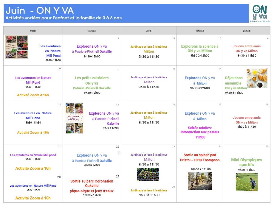 Voici le calendrier du mois de juin du programme "On y va".