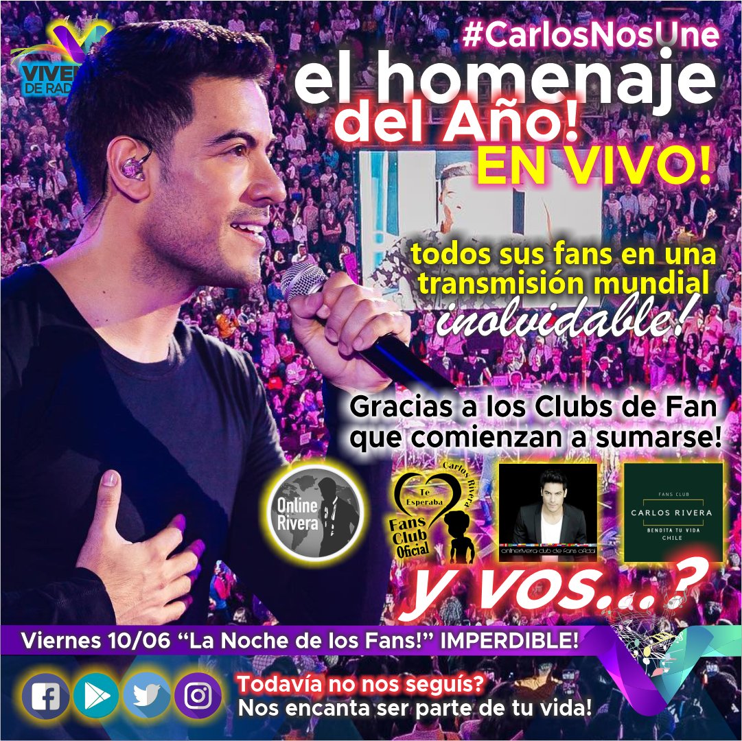 vivenciasdradio's tweet photo. 🙋‍♀️ ESTE VIERNES NO PODES FALTAR A LA CITA RIVERISTA DEL AÑO🕺🕺🕺
Vamos a vivir muchas sorpresas en nuestra super noche de @_CarlosRivera  en "La Noche de los Fans"! 
❤️ #Carlosnosune, Viernes 10 de junio, 20 hs. (Bs. As.) https://t.co/ZlX81xzSiP