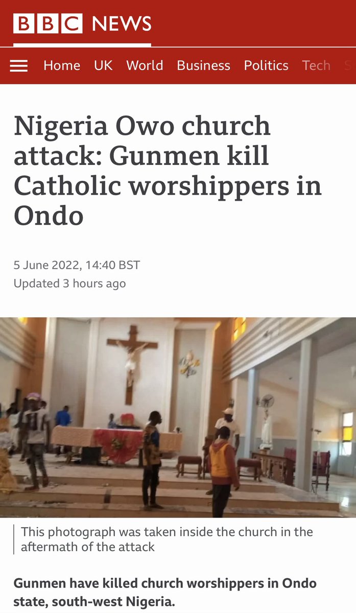 obianuju's tweet photo. Horrific news from Ondo State, Nigeria. Terrorists attacked people at a Catholic Parish during Holy Mass.
Reports have it that up to 50 people are dead.

Evil continues to fester. #PersecutionOfChristians https://t.co/byTYHTzPvn