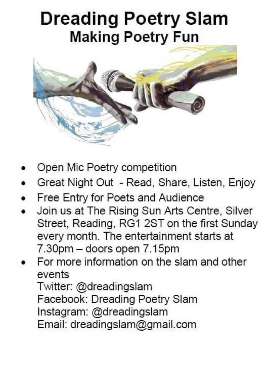 dreadingslam's tweet photo. Next #dreadingslam is Sunday, 3rd July @RisingSunArts at 7.30pm #poetrycommunity #spokenword #poetryslam #creativeReading #poetsofRdg #livepoetry #poetsofTwitter https://t.co/c8VjNnk1aA