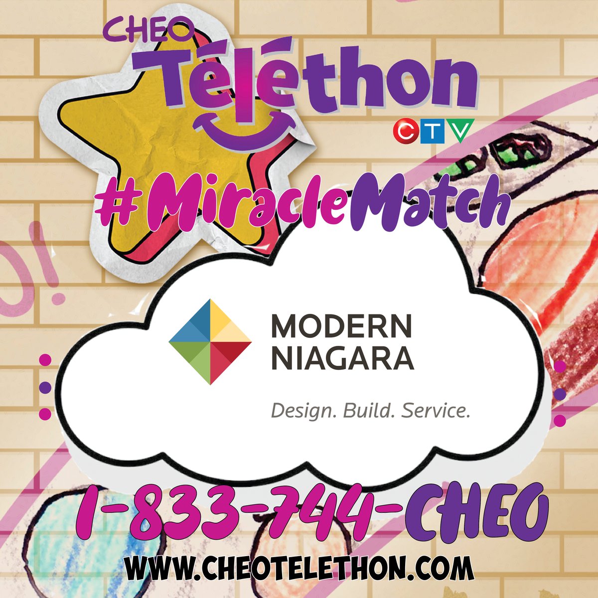 CHEO's tweet photo. Call now! @ModernNiagara is here to lift your donation even higher with a $10,000 #MiracleMatch! 1-833-744-2436 #CHEOtelethon #hero4CHEO https://t.co/wATWr2qU6B