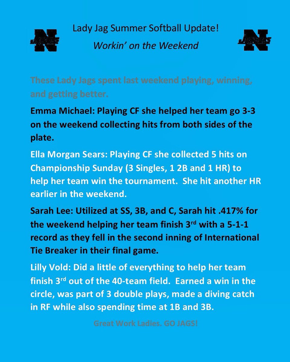 Northridge Softball (@nhsjagssoftball) on Twitter photo Shout-out to a few of our Lady Jags putting in work this summer with their travel ball teams! Way to represent! #GoJags <a href="/NHSJagAthletics/">Northridge Athletics</a> Shout-out to a few of our Lady Jags putting in work this summer with their travel ball teams! Way to represent! #GoJags <a href="/NHSJagAthletics/">Northridge Athletics</a>