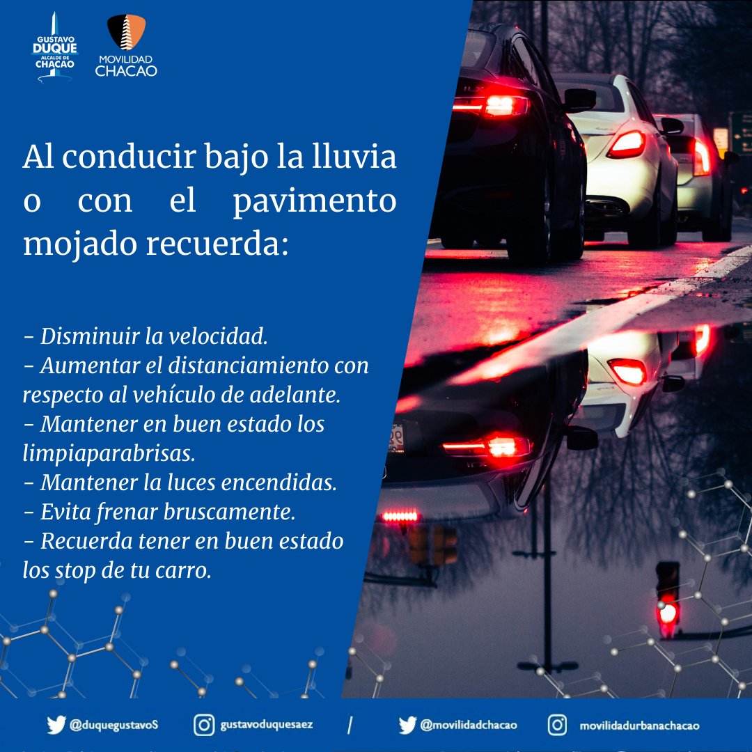 movilidadchacao's tweet photo. #5Junio | Incrementa las medidas de precaución al conducir con el pavimento mojado o con lluvia.
#porunamovilidadsegura
#conduceconprecaucion
#respetalasnormasyleyesdetransito
@duquegustavoS
@Chacao https://t.co/o5W6ezaRCV