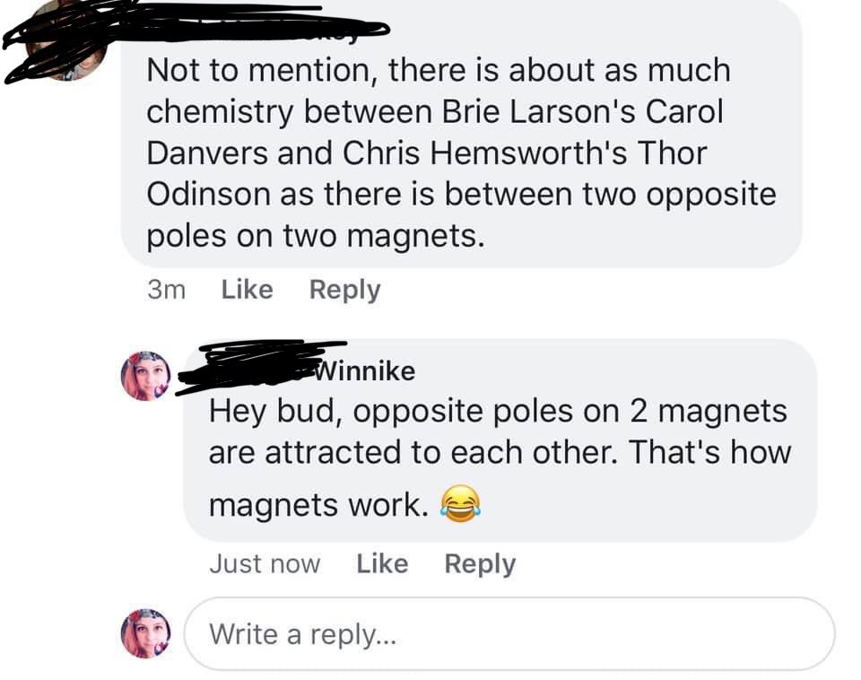 This was an interaction I had with a dude whining about a possible romance between Thor and Carol Danvers 3 years ago today and I'm still laughing at it. https://t.co/ecTProk1rg