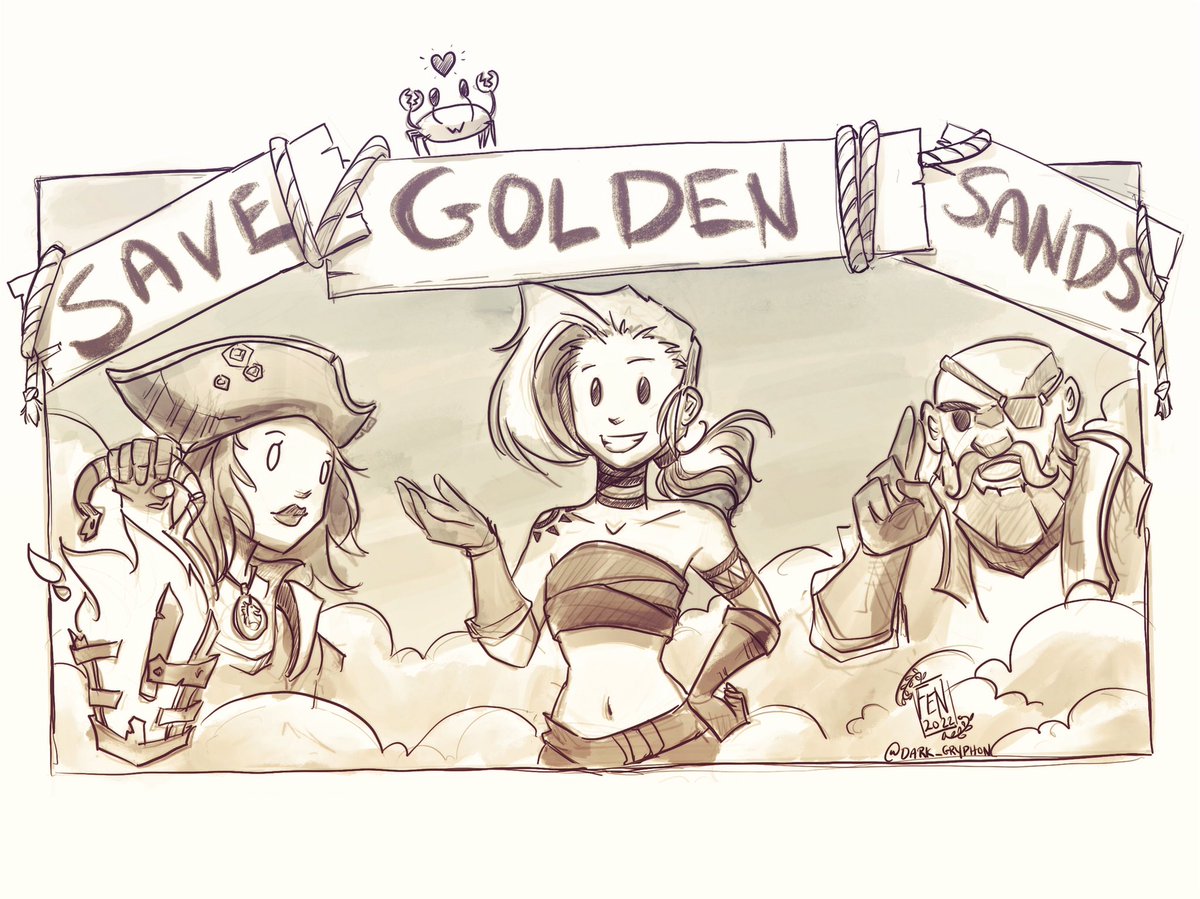 Dark_Gryphon's tweet photo. There is an event going on in Sea of thieves. To either save or destroy Golden Sands Outpost. Wanted to draw something in support of saving the outpost. So I drew my character along with Belle and Merrick XD 

#digitalart #procreateart #seaofthieves #savegoldensands #bemorepirate https://t.co/vQFWUvEdwF