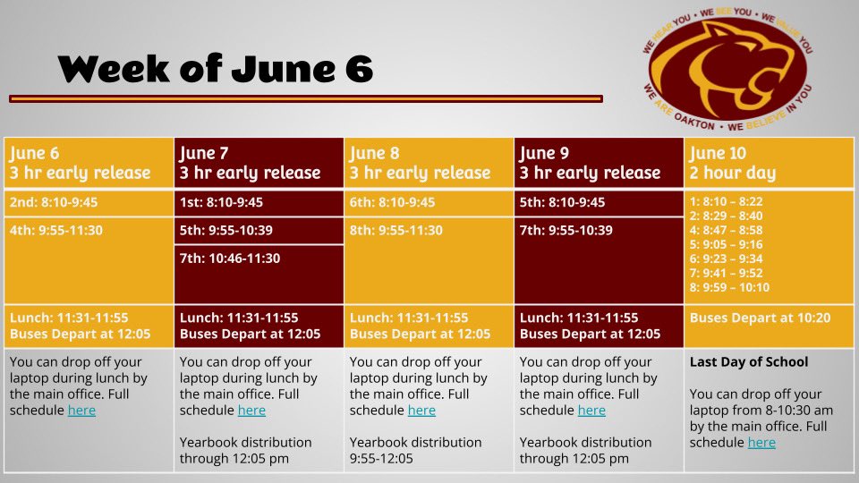 Oakton High School on Twitter "Here’s the schedule for the week of