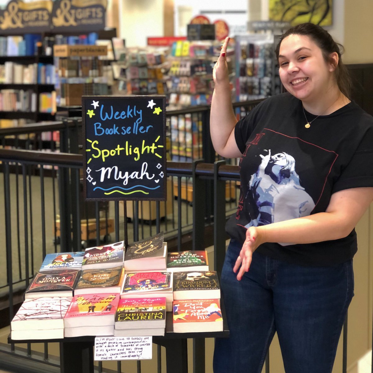 This weeks new Bookseller Spotlight is Myah! She has great recommendations for y’all! If you like romance, fantasy, and strong female characters then check out Myah’s table! 
#bookseller #spotlight #sundayfunday #bookrecommendations #barnesandnoblecafe #youngadultbooks #fantasy