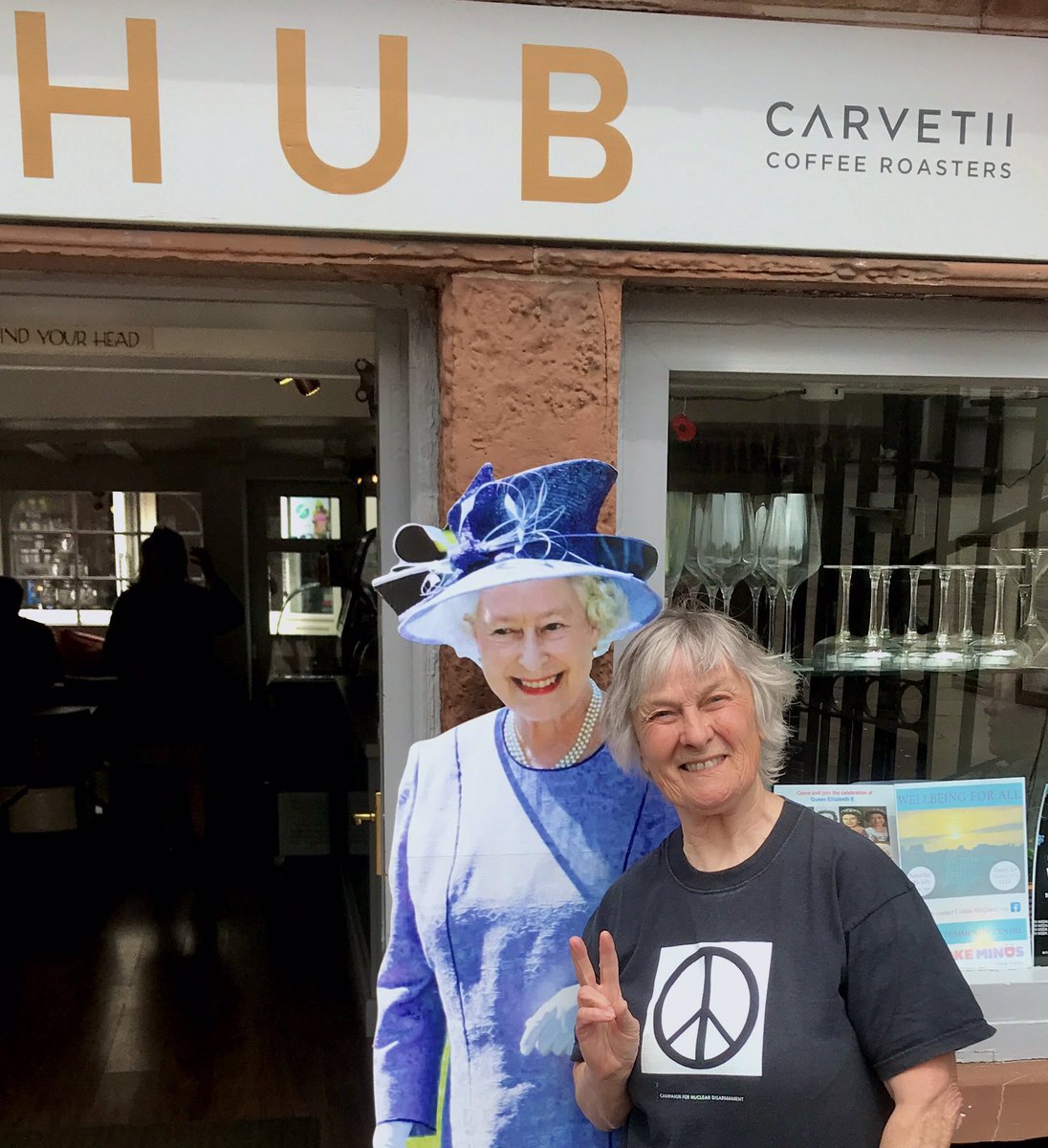 brushups's tweet photo. Sharing peace vibes with HMQE2 in sunny Cumbria today preparing for Q&amp;A session with veteran activist Angie Zelter  7.30pm 8 June at Friends Meeting House Carlisle CA3 7RR
#espresso.hub #CNDuk #angie_zelta #stopnuclearcrimes #TridentPloughshares #no2trident #nccnd #wilpf https://t.co/kttxPYHSNk