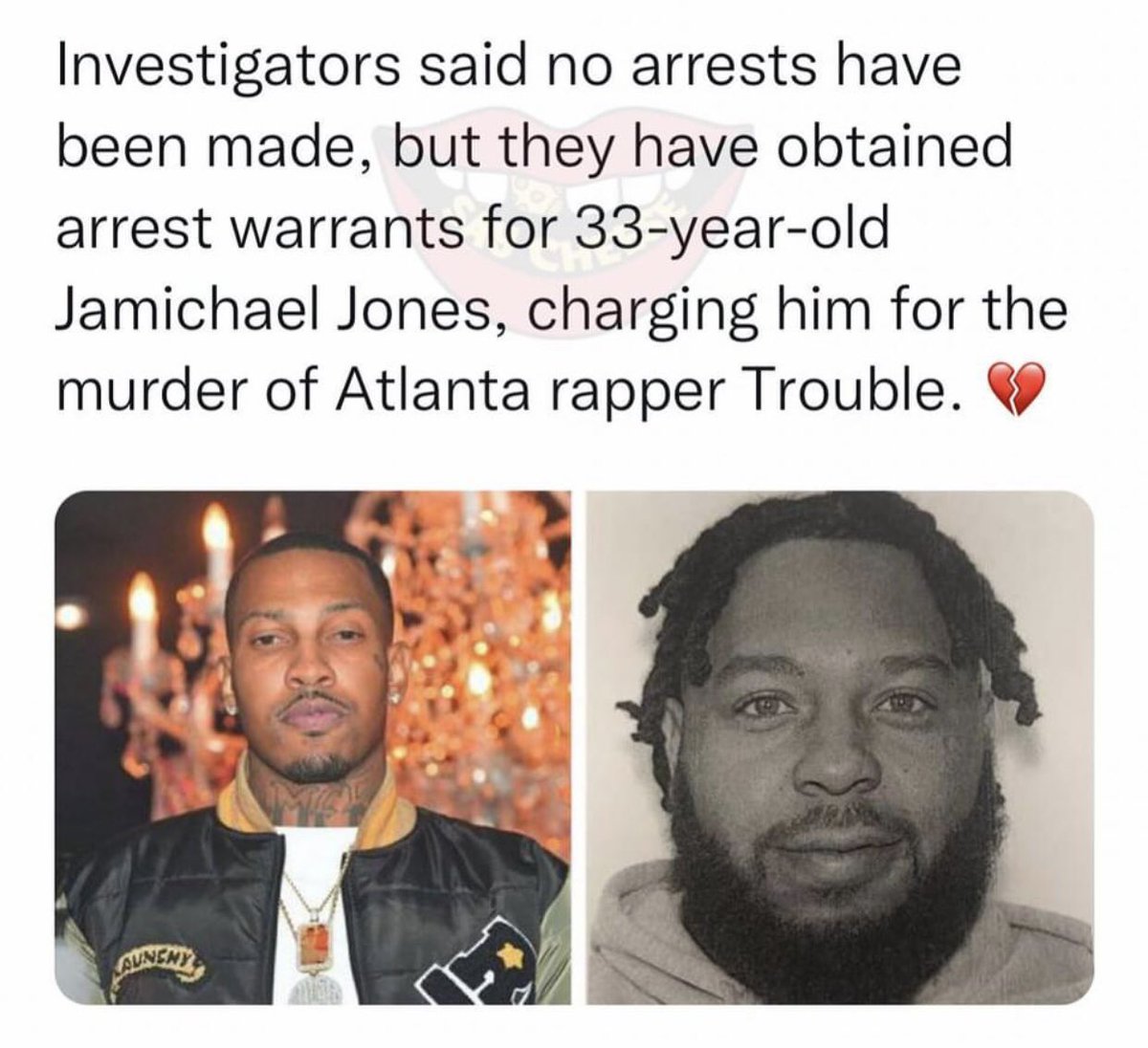 HBM__tv's tweet photo. 33 year old man, #JamichaelJones is being charged for the m*rder of #Trouble🙏🏾 https://t.co/Q69F0rSbjt