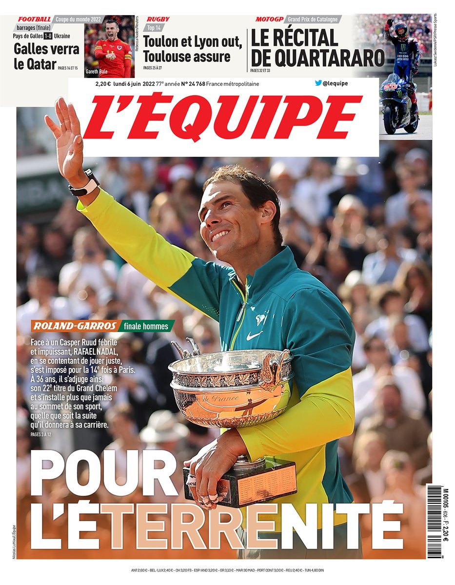 🎾🏆Pour l'éTERREnité 

La une du journal l'Équipe de ce lundi 6 juin 2022