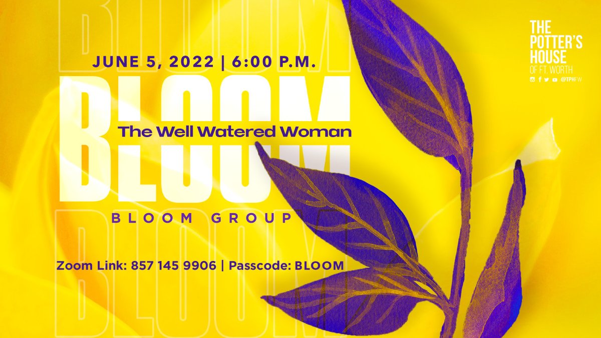 TPHFW's tweet photo. SEE YOU IN 1 HOUR! ๐บ Join our Woman 2 Woman Ministry at 6 pm to grow and flourish together!
Zoom Meeting ID: 857 145 9906
Password: BLOOM (ALL CAPS)
#BetterTogether #TPHFW #BloomGroup https://t.co/pxBU3TQMxR