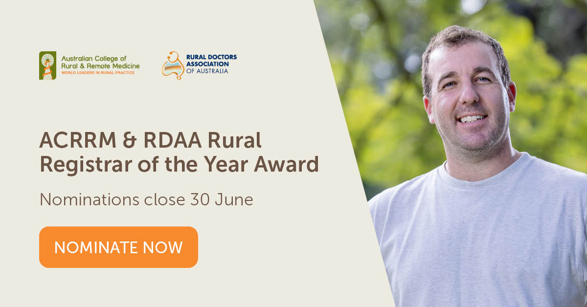 ACRRM's tweet photo. In 2021 Dr Padley was awarded the ACRRM &amp; @RuralDoctorsAus Rural Registrar of the Year award for his outstanding leadership &amp; advocacy in the field of rural &amp; remote medicine https://t.co/0V3bGLR5Yx. Have someone in mind for the 2022 award? Nominate now >> https://t.co/ISWRVehSpG https://t.co/R21E9Gn18W
