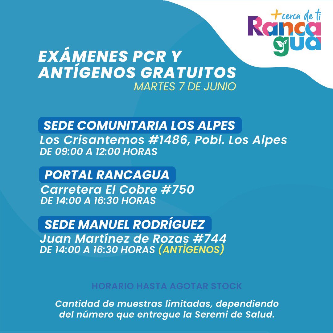 munirancagua's tweet photo. 😷[PCR Y ANTÍGENOS DEL LUNES 6 AL MIÉRCOLES 8 DE JUNIO]
Entre tod@s nos cuidamos del COVID-19, hazte el examen PCR y ANTÍGENOS en #Rancagua 

🧴RECUERDA MANTENER LOS PROTOCOLOS SANITARIOS 😷😷😷 https://t.co/VFKwsOgz6Y