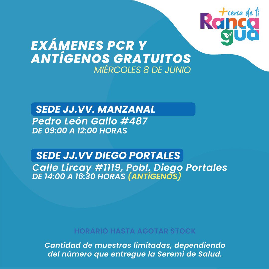 munirancagua's tweet photo. 😷[PCR Y ANTÍGENOS DEL LUNES 6 AL MIÉRCOLES 8 DE JUNIO]
Entre tod@s nos cuidamos del COVID-19, hazte el examen PCR y ANTÍGENOS en #Rancagua 

🧴RECUERDA MANTENER LOS PROTOCOLOS SANITARIOS 😷😷😷 https://t.co/VFKwsOgz6Y